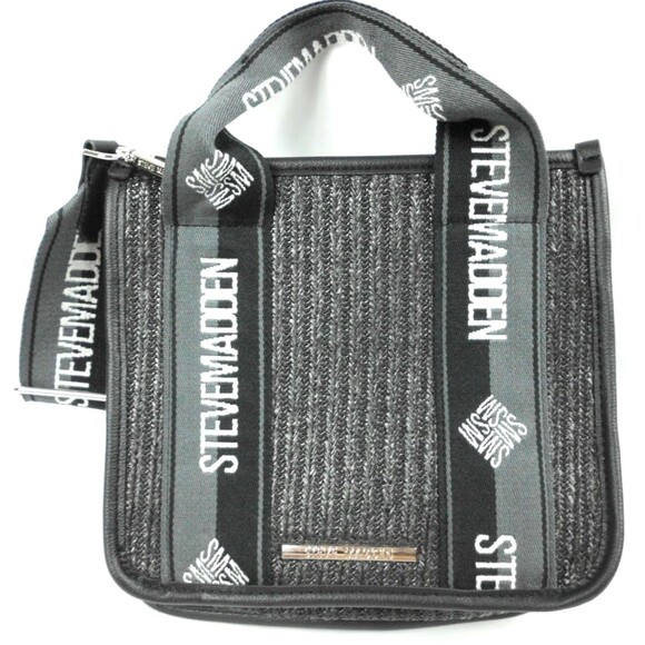 Steve Madden Straw Bwebber Crossbody Bag Purse Gray Black Airpod Pouch - Picture 2 of 4